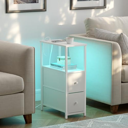 TUTOTAK Small Narrow LED End Table with Charging Station, Side Table Outlets, Nightstand with 2 Cloth Drawers, Set of 2, Couch Table, for Living Room, Bedroom, Bedside, White TB01BW056 - color: White, style: 2 Drawers with Plug & Light