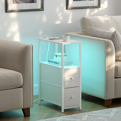 TUTOTAK Small Narrow LED End Table with Charging Station, Side Table Outlets, Nightstand with 2 Cloth Drawers, Set of 2, Couch Table, for Living Room, Bedroom, Bedside, White TB01BW056 - color: White, style: 2 Drawers with Plug & Light