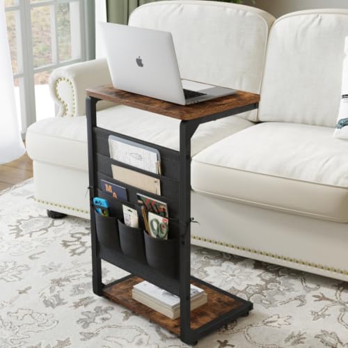 Couch End Tables Set of 2 Pack TV Trays Dinner Eating Tray Sofa Side Table Wood Pedestal TV Tables for Eating on Couch Side Trays that Slide Under Food Snack Small C Shaped Stand Living Room ET-P-BRW2 - color: Rustic Brown