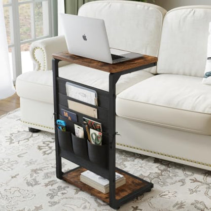 Couch End Tables Set of 2 Pack TV Trays Dinner Eating Tray Sofa Side Table Wood Pedestal TV Tables for Eating on Couch Side Trays that Slide Under Food Snack Small C Shaped Stand Living Room ET-P-BRW2 - color: Rustic Brown