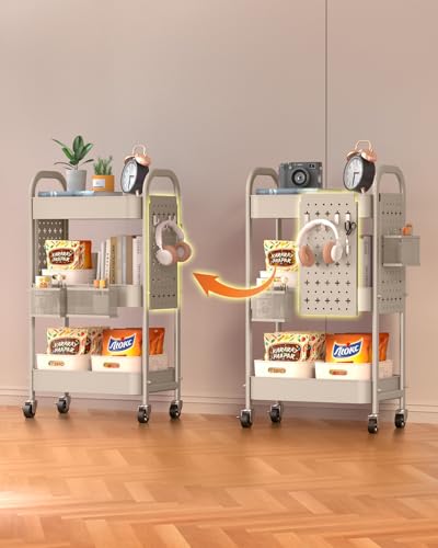 ALVOROG 3 Tier Rolling Cart with DIY Pegboards Metal Utility Cart with Wheels Handles Baskets Hooks, Craft Cart for Office Kitchen Bathroom(Khaki) - color: Khaki