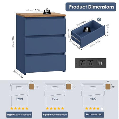 Keyluv 3 Drawers Nightstand Set of 2 with Charging Station, Modern Bedside Table with USB Ports, Sofa Side Table Night Stand with Storage, Sturdy End Table for Bedroom/Living Room/Home Office, Blue - color: Blue