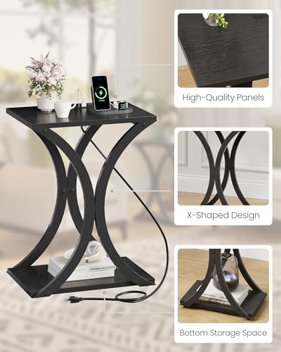 CHOEZON Black End Table with Charging Station, 2-Tier Narrow Side Table, Nightstand with Storage Shelf, for Small Spaces, for Living Room, Bedroom, Black TBZ20UBB - color: Black