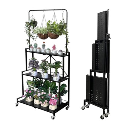 lumizone Foldable 4-Tier Plant Stand With Wheels Indoor Outdoor Black | Hanging Plant Shelf No Assembly Required Pot Placement Area Sturdy Fall Prevention Storage Shelf Flower Pot Stand