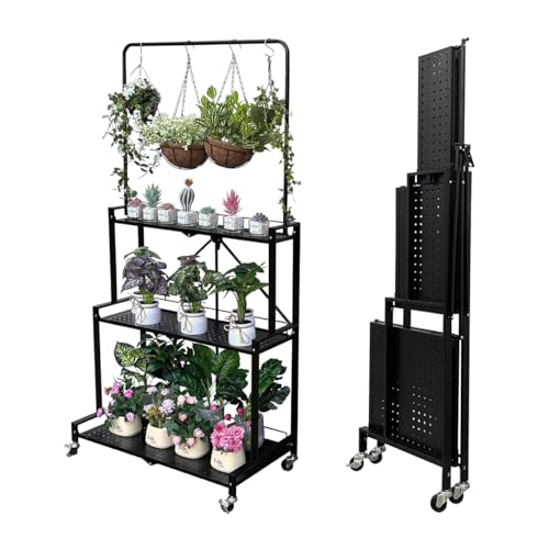 lumizone Foldable 4-Tier Plant Stand With Wheels Indoor Outdoor Black | Hanging Plant Shelf No Assembly Required Pot Placement Area Sturdy Fall Prevention Storage Shelf Flower Pot Stand