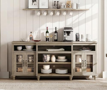 WAMAPT Buffet Cabinet with 4 Glass Doors, Large Coffee Bar Tables Wood Kitchen Storage Cabinets with 9 Storages, Modern Farmhouse Sideboard Credenza, Wash Gray, 70 inch - color: Wash Grey