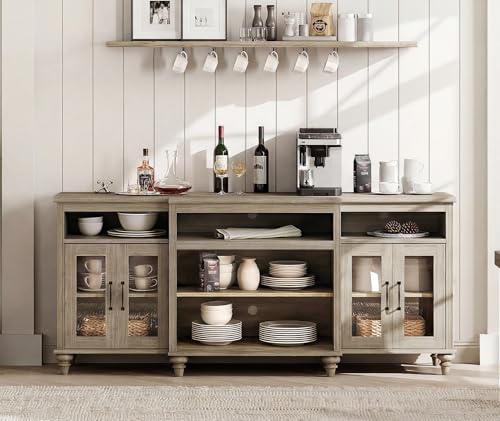 WAMAPT Buffet Cabinet with 4 Glass Doors, Large Coffee Bar Tables Wood Kitchen Storage Cabinets with 9 Storages, Modern Farmhouse Sideboard Credenza, Wash Gray, 70 inch - color: Wash Grey
