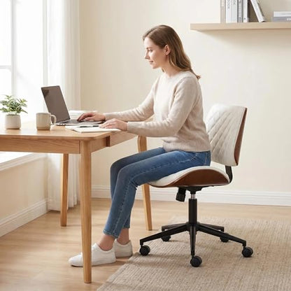Furnimart Armless Small Desk Chair with Wheels, 360° Swivel Faux Leather Vanity Chair for Bedroom, Compact Home Office Task Chair for Small Spaces, Heavy-Duty Wood Frame(PU White) - color: Faux Leather-white