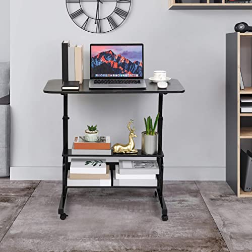 Rolling Adjustable Height Laptop Desk Black 2-Tier Storage Workstation | 28-40in Height Adjustment,Rolling Casters,2-Tier Storage Shelves,Waterproof Tabletop,Black Over Bed Home Office Desk - color: Black