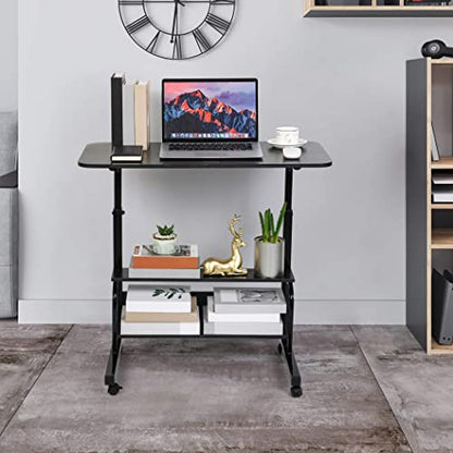 Rolling Adjustable Height Laptop Desk Black 2-Tier Storage Workstation | 28-40in Height Adjustment,Rolling Casters,2-Tier Storage Shelves,Waterproof Tabletop,Black Over Bed Home Office Desk - color: Black