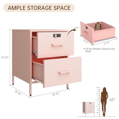 Steehoom Metal Nightstand with Lock, 2 Drawer End Side Table, Lockable Storage Cabinet Kids Cabinet for Living Room, Bedroom, Dorm, 21.26”H X 15.75”W X 15.75”D (2 Drawer, Pink) - color: Pink, style: 2 Drawer