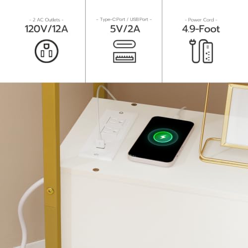 HOOBRO End Table with Charging Station, Narrow Side Table with 2 Drawer & USB Port & Power Outlets, Nightstand for Small Spaces, Stable and Sturdy, for Living Room, Bedroom, Gold and White DW541BZ01 - color: Gold + White