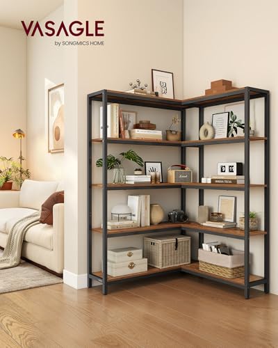 VASAGLE 5 Tier Bookshelf with Metal Frame, Convertible Industrial Corner Shelf, 9.4 x 52.8 x 55.9 Inches, for Living Room, Bedroom, Home Office, Rustic Brown and Ink Black ULLS815KD01 - size: 5 Tiers (52.8"W)