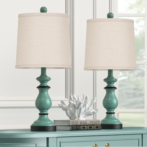 PARTPHONER Traditional Table Lamp Set of 2, Rustic Farmhouse Table Lamps for Living Room Bedroom, 22" Bedside Desk Lamps Vintage Nightstand Lamps with Linen Shades, Green - color: Antique Green