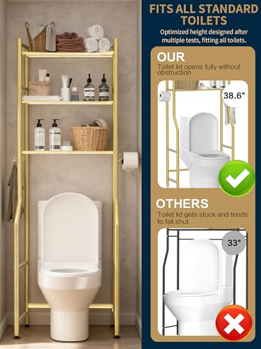 3-Tier Over The Toilet Storage, Freestanding Metal Bathroom Organizer with 4 Hooks & Anti-Tilt Kits, Heavy Duty Space Saver Shelf for Bathroom/Kitchen/Living Room, Gold