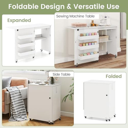 DREAMADE Folding Sewing Table with Storage, Craft Table w/Charging Station, 5 Lockable Wheels, Storage Bins & Shelf, Sewing Machine Desk for Home Office, Apartment, Studio (White) - color: White