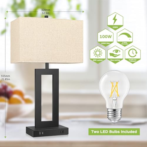 Set of 2 Touch Control Table Lamp with 2 USB Ports, 3-Way Dimmable Modern Nightstand Lamp Sets Bedside Touch Desk Lamp with Fabric Cream Shade For Bedroom Table Living Room Reading, Included Bulbs | 3 Way Dimmable, Touch Control, Fabric Cream Shade, E26 B