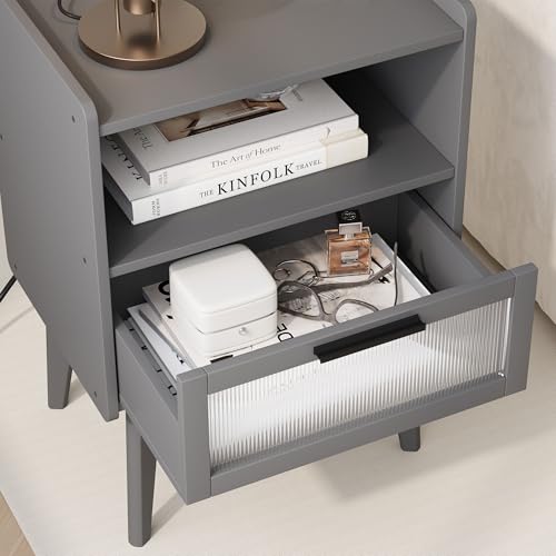 MMEOLUOOK Nightstand with Charging Station, Bedside Tables Grey End Table Side Table with 2 Tiers Storage Space, for Bedroom Living Room CAMLBZ07ZE - color: Grey