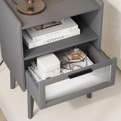MMEOLUOOK Nightstand with Charging Station, Bedside Tables Grey End Table Side Table with 2 Tiers Storage Space, for Bedroom Living Room CAMLBZ07ZE - color: Grey
