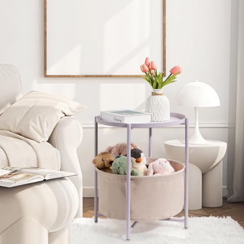 danpinera Round Side Table with Fabric Storage Basket, Small Coffee Table | Metal End Stand with Removable Serving Tray, Modern Nightstand for Small Space, Living Room, Bedroom, Nursery, Light Violet - color: Light Violet
