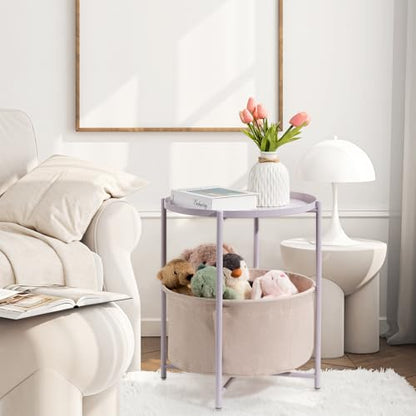 danpinera Round Side Table with Fabric Storage Basket, Small Coffee Table | Metal End Stand with Removable Serving Tray, Modern Nightstand for Small Space, Living Room, Bedroom, Nursery, Light Violet - color: Light Violet