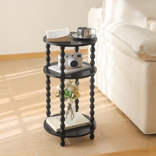 AWASEN Small Round Side Table, Black End Table with 3-Tier Open Shelf for Small Spaces, Round Bedside Table Nightstand for Bedroom, Living Room, Office, Black - color: Black