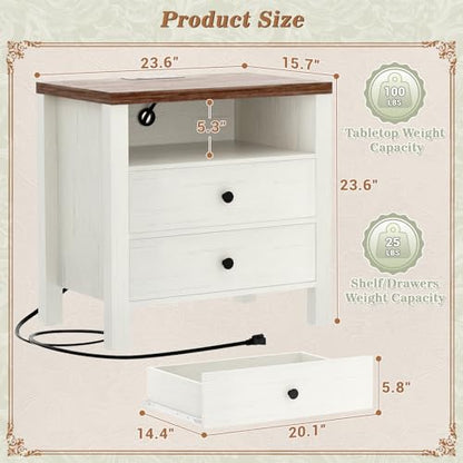 Aheaplus Nightstand with Charging Station, 23.6'' Large Bed Side Table with Wooden 2 Drawers, Night Stand for Bedroom, End Table with Open Storage Shelf for Living Room, Set of 2, White & Brown - color: White & Brown