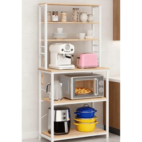 39.4 inches Bakers Rack with Storage, Small Coffee Bar Cart 6 Tiers, Microwave Stand Station with 6 Hooks, Adjustable Shelf, Freestanding Kitchen Appliance Organizer, Golden Oak