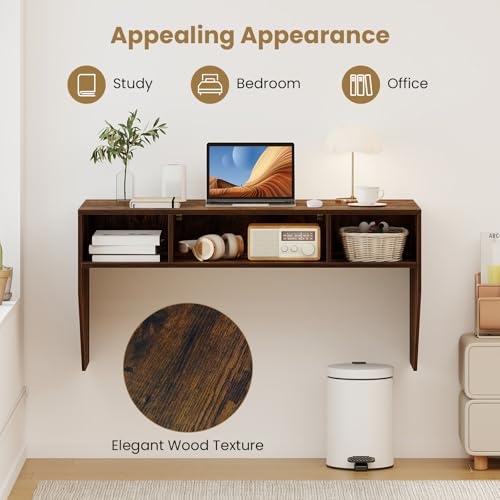 Giantex Wall-Mounted Computer Desk, Floating Laptop Desk with 3 Storage Compartments, Space-Saving Home Office Workstation Vanity Table for Bedroom, Study, Living Room (Rustic Brown) - color: Rustic Brown