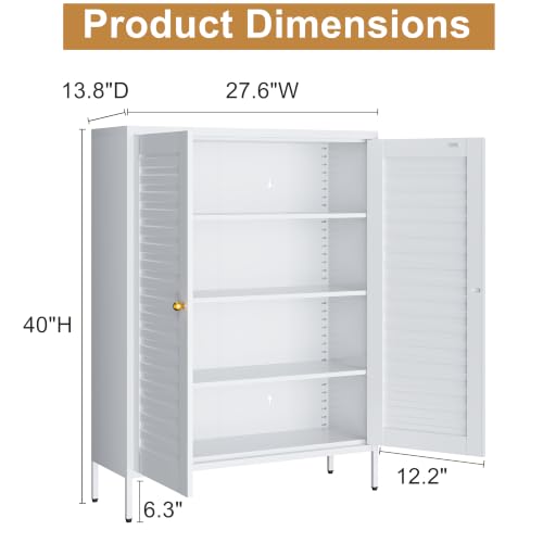 Metal Shoe Cabinet with 4-Tier & 3 Adjustable Shelves | 40” Tall White Freestanding Shoe Storage Organizer with Louvered Doors, Shoe Rack for Entryway, Hallway, Front Door