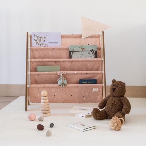3 Sprouts Recycled Kids Bookshelf, Holds 35 Books, 4-Tier, Terrazzo Clay | Space-saving bookshelf, Children's room, Toddler bookcase organizer, Ages 3+, Book/toy storage, Front-facing, Covers visible - color: Terrazzo Clay