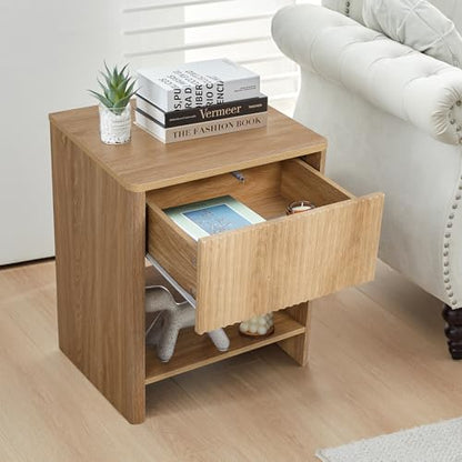 Mid Century Modern Night Stand with Drawer, Boho Nightstand for Bedroom, Small End Table with Storage, Living Room/Bed Side Table with Drawer for Small Spaces, Fluted Cabinet Wood Nightstand - color: Natural