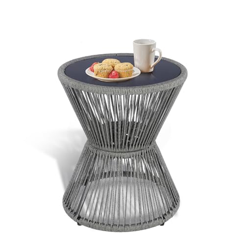 SUNNYPARK Small Outdoor Side End Table Modern Hourglass Style 20" H | Tempered Glass Top, Hand-Woven Rope, Easy Assembly, All Weather, Round Accent Table for Coffee Patio Balcony Poolside - color: Grey