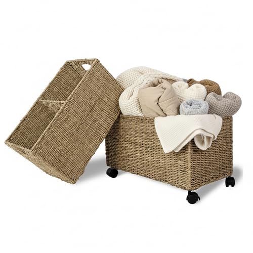 PEMAR Set of 2 Nesting Natural Wicker Rolling Storage Baskets on Wheels with Insert Handles, Under Table Under Desk Woven Storage Bins, Mobile File Cabinet Organizer, Seagrass, Sizes M and L