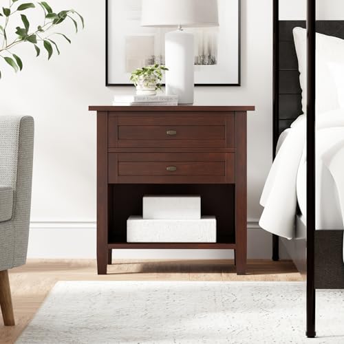 SIMPLIHOME Warm Shaker Bedside Table - 24 inch Wide Solid Wood Nightstand in Russet Brown, Transitional Bedroom Side or End Table with 2 Drawers, Open Shelf Storage and Brushed Nickel Hardware - color: Russet Brown
