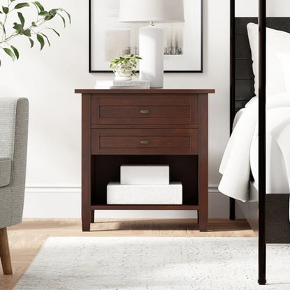 SIMPLIHOME Warm Shaker Bedside Table - 24 inch Wide Solid Wood Nightstand in Russet Brown, Transitional Bedroom Side or End Table with 2 Drawers, Open Shelf Storage and Brushed Nickel Hardware - color: Russet Brown