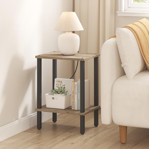 TUTOTAK End Table, Set of 2, Side Table, Nightstand, 2-Tier Storage Shelf, Sofa Table for Small Space, Living Room, Bed Room TB01BG035 - color: Greige