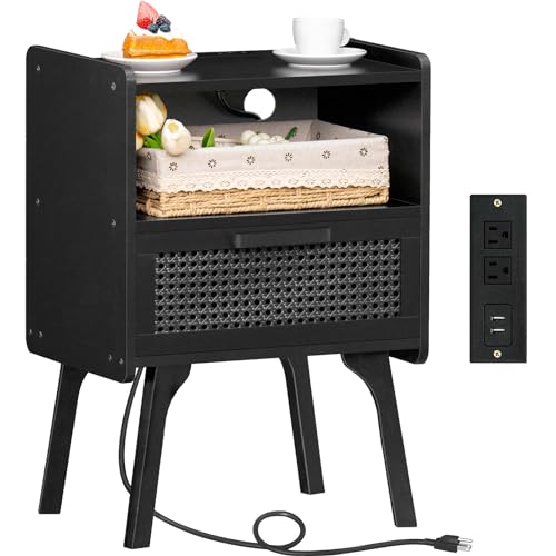 Lerliuo Rattan Nightstand with Charging Station, Side Table with Drawer Open Shelf, Cane Bedside End Table with Solid Wood Legs, Mid Century Night Stand for Bedroom, Dorm and Small Spaces (Black) - color: Black, size: 1 pack