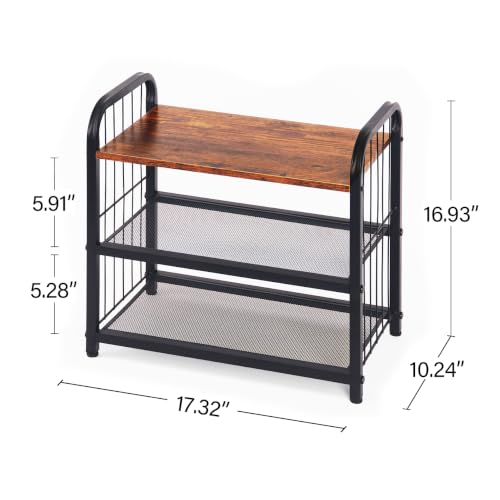 Narrow Shoe Rack for Entryway Small Spaces, 3-Tier Shoe Organizer | Compact Metal Wood Shoe Storage Shelf, Wooden Top, Guardrails, Mesh Shelves, Free Standing, for Front Door Entrance, Closet - size: 17.32" X 10.24" X 16.93"