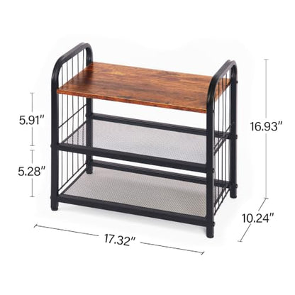 Narrow Shoe Rack for Entryway Small Spaces, 3-Tier Shoe Organizer | Compact Metal Wood Shoe Storage Shelf, Wooden Top, Guardrails, Mesh Shelves, Free Standing, for Front Door Entrance, Closet - size: 17.32" X 10.24" X 16.93"