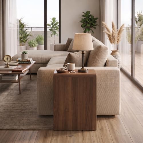 Fluted Slim Side Table with 2 Drawers and Bottom Open Shelf, Skinny End Table with Gold Handles, Walnut Narrow Accent Table for Living Room Bedroom - size: 1 Pack