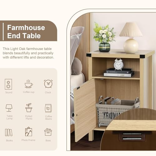 Farmhouse End Table, Nightstand with Barn Door and Shelf,Set of 2,Natural | End Tables,Wooden Sofa Side Table, Modern Bed Side Table Rustic Nightstands, Bedroom, Living Room - color: Natural