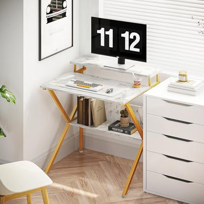 ODK Small Desk, 27.5 Inch Computer Desk for Small Spaces, Study Desk with Storage & Monitor Stand, White Marble + Gold Leg - color: White Marble