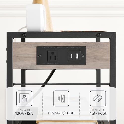 HOOBRO Industrial Printer Stand, 3-Tier Mobile Printer Table, Rolling Cart with Power Outlets and USB Ports, Home Printer Stand with 2 Hooks, for Office, Living Room, Greige and Black BG22UPS01 - color: Greige + Black