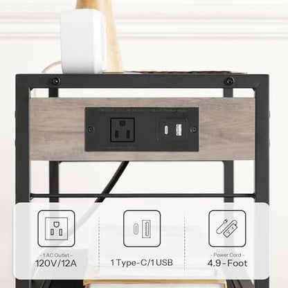 HOOBRO Industrial Printer Stand, 3-Tier Mobile Printer Table, Rolling Cart with Power Outlets and USB Ports, Home Printer Stand with 2 Hooks, for Office, Living Room, Greige and Black BG22UPS01 - color: Greige + Black