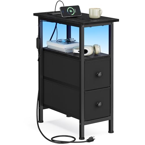 SONGMICS Side Table with LED Light, Narrow End Table with 2 Drawers, Nightstand with Charging Station, Bedside Tables for Small Space, Living Room, Bedroom, Ink Black, BELLAH Collection ULGS002B101 - color: Ink Black, size: 1 Pack (8.5"D x 18.1"W x 23.8"H