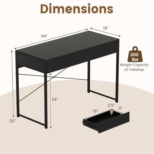 Giantex Computer Desk with 2 Drawers, 44 Inch Home Office Desk with Anti-Toppling Device & Metal Frame, Compact Laptop PC Table, Makeup Vanity Table, Modern Study Writing Desk for Small Spaces (Black) - color: Black