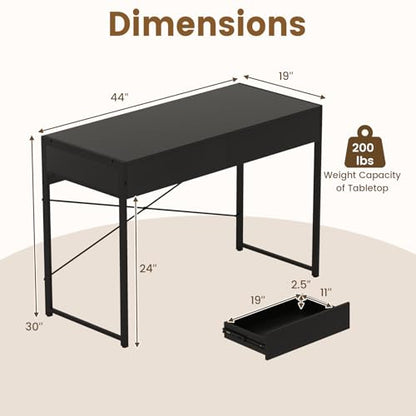 Giantex Computer Desk with 2 Drawers, 44 Inch Home Office Desk with Anti-Toppling Device & Metal Frame, Compact Laptop PC Table, Makeup Vanity Table, Modern Study Writing Desk for Small Spaces (Black) - color: Black