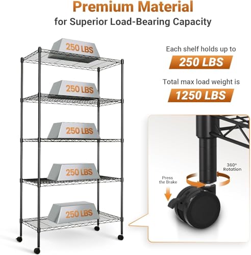 Simple Deluxe 5-Tier Heavy Duty Storage Shelving Unit, 1250 Lbs Loading Capacity, 29.92" W x 13.98" D x 61.02" H, Black - size: 5-Tier, 29.92"W x 13.98"D x 61.02"H