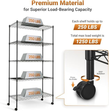 Simple Deluxe 5-Tier Heavy Duty Storage Shelving Unit, 1250 Lbs Loading Capacity, 29.92" W x 13.98" D x 61.02" H, Black - size: 5-Tier, 29.92"W x 13.98"D x 61.02"H